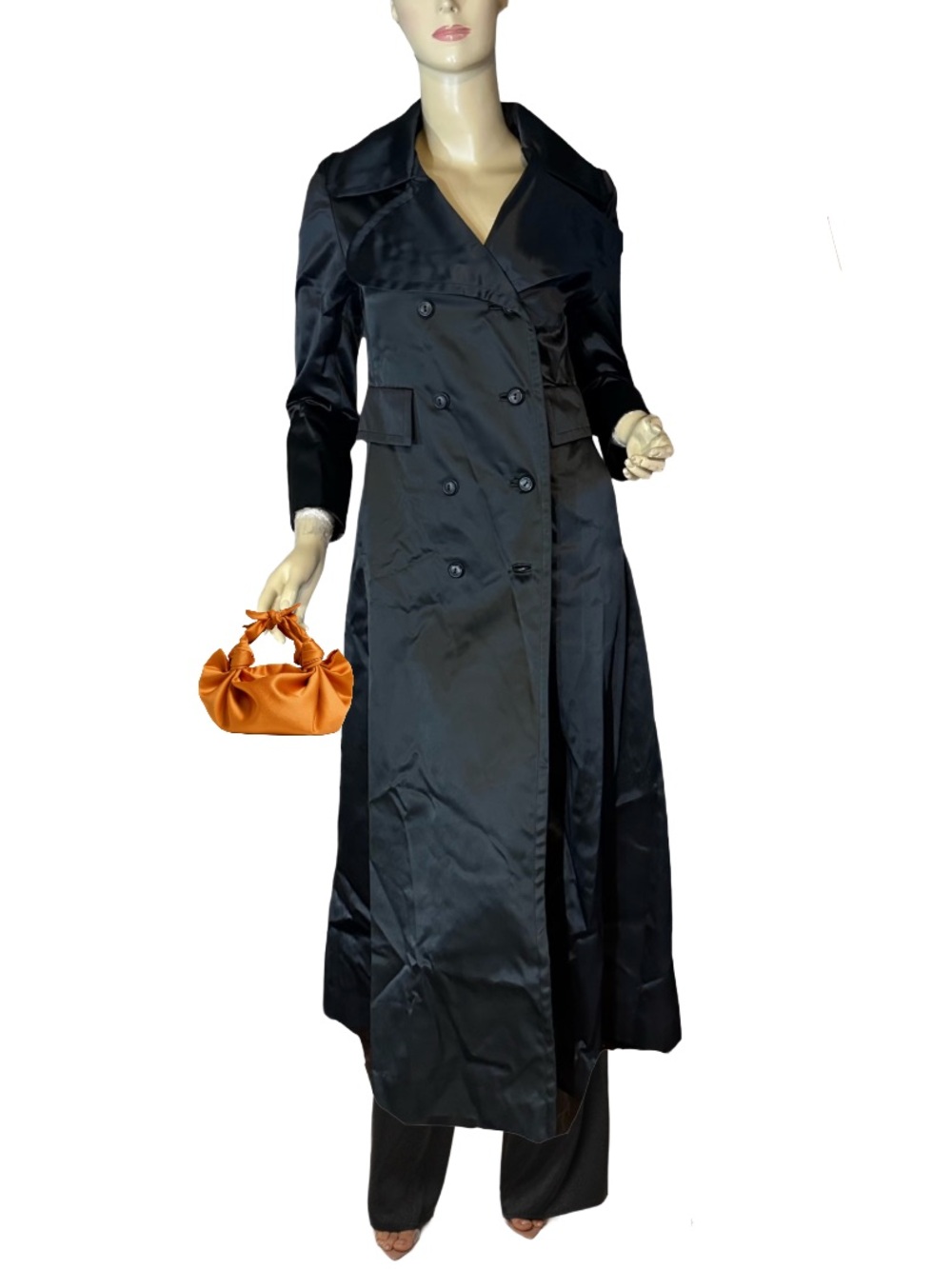 VINTAGE BRITTANY BAY BY BERNARD CASUALS BLACK SATIN FULL TRENCH COAT (S)